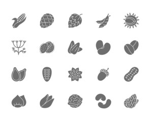 Set of Nuts, Seeds and Vegetables Grey Icons. Pack of 48x48 Pixel Icons