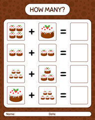 How many counting game with christmas cake. worksheet for preschool kids, kids activity sheet