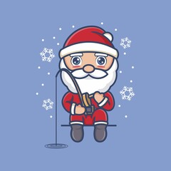 cute cartoon santa claus is fishing. vector illustration for mascot logo or sticker
