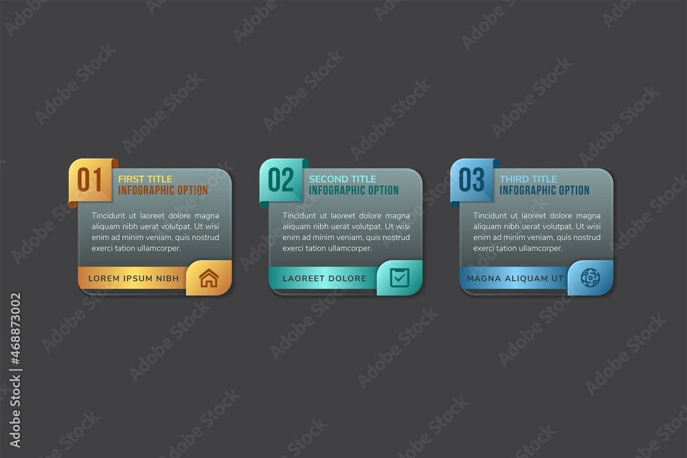 Poster three separate lettered rectangular elements with thin line symbols, text boxes inside and pointers.