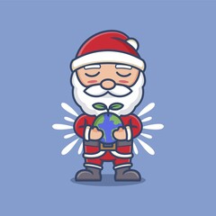 cute cartoon santa claus with globe and plant buds. vector illustration for mascot logo or sticker