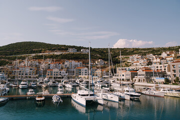 Fototapeta na wymiar Marina with yachts in Lustica Bay. Montenegro