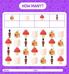 Fototapeta premium How many counting game with christmas icon. worksheet for preschool kids, kids activity sheet