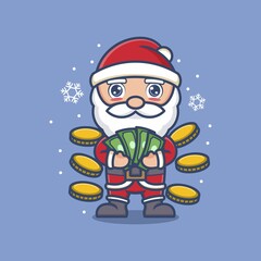 cute cartoon santa claus rich with money and coins. vector illustration for mascot logo or sticker