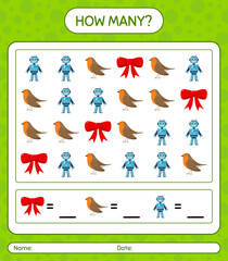 Obraz premium How many counting game with christmas icon. worksheet for preschool kids, kids activity sheet