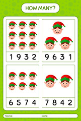 How many counting game with elf. worksheet for preschool kids, kids activity sheet