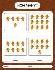 How many counting game with gingerbread cookie. worksheet for preschool kids, kids activity sheet
