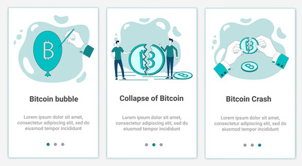 The collapse of Bitcoin.People and situations with problems and possible cryptocurrency crashes.A set of vector illustrations in the form of a slider.Vector illustration in green.