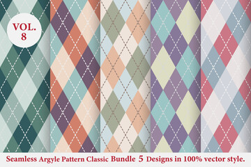 Argyle classic Pattern Bundle 5 designs Vol.8,Argyle vector,Seamless argyle pattern,Traditional check print,Fabric texture background,Christmas plaid,Retro background