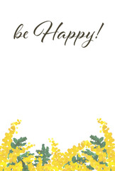 水彩タッチのミモザ ポストカードテンプレート（be happy!）