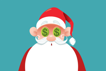 Funny Santa with Dollars Eyes Vector Cartoon Illustration