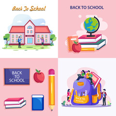 Set bundle Modern flat design of back to school illustration concept. Flat Style vector template suitable for Web Landing Page, Background.