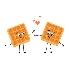 Cute character belgian waffle with love emotions, smile face, arms and legs. Cheerful baking person, dessert with loving expression. Vector flat illustration
