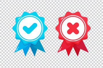 Check and cross medal icons on blank background
