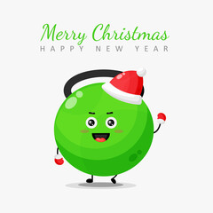 Merry christmas and happy new year greeting card with fitness kettlebell character