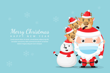 Merry christmas and new year greeting card with snowman and santa claus reindeer wearing medical masks