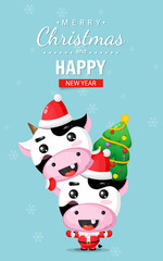 Merry Christmas card with cute cow wearing christmas costume