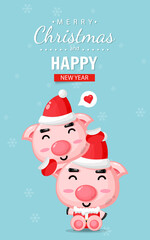 Merry Christmas card with cute pig wearing christmas costume