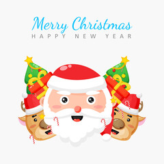 Merry Christmas card with santa, reindeer and gift box