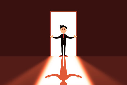 Businessman Cartoon Standing in Light Door. Bright Doorway room with business man character stand in opening bright Gate. Opportunity and business idea concept 