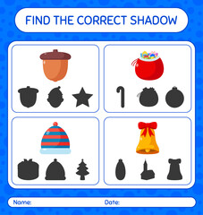 Find the correct shadows game with christmas icon. worksheet for preschool kids, kids activity sheet