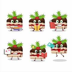Obraz premium A picture of slice of pudding cake christmas cartoon character concept reading an amusing book