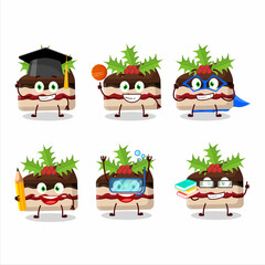 School student of slice of pudding cake christmas cartoon character with various expressions