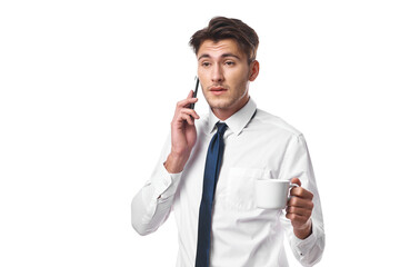 man phone communication success work office isolated background