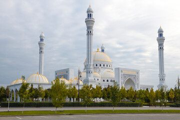 Fototapeta na wymiar View of the Pride of Muslims Mosque on a cloudy September morning. Shali, Chechen Republic. Russian Federation