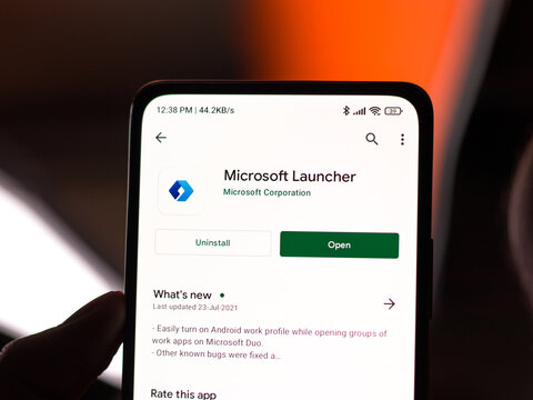 Assam, india - January 31, 2021 : Microsoft Launcher logo on phone screen stock image.