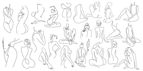 Abstract Woman Body Line Art Drawing Set. Female Silhouette One Line Drawing. Woman Back Sitiing Pose Vector Illustration Minimalistic Style for Modern Design: Prints, Wall Art, Posters, Social Media.
