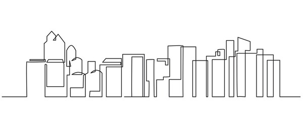 City Panorama Continuous One Line Drawing. Skyscrapers Contour Illustration. City Landscape Modern Minimalist One Line Drawing. Vector EPS 10 