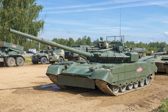 MOSCOW REGION, RUSSIA - AUGUST 25, 2020: Russian tank T-80BVM before the start of the demonstration program in Alabino