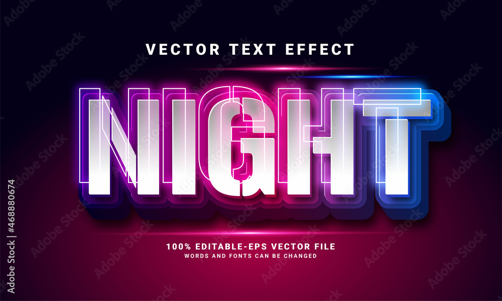 Poster night 3d text effect. editable text style effect with colorful light theme, suitable for night event