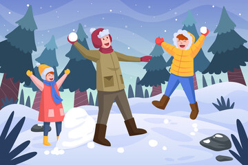 People in the park having fun and winter activities,family children making snowman, enjoy the play, flat illustration