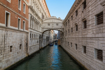 Fototapeta na wymiar Old Bridge of Sighs (Ponte dei Sospiri) in the cityscape in the early morning. Venice, Italy