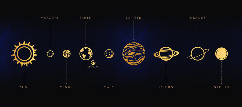 solar system planets. Astronomical observatory small planet pluto, venus mercury earth moon neptune uranus meteor crater and star universe astronaut sign. Astronomy galaxy space isolated Golden on bla