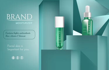 Cosmetic tube luxury Skincare with light on blue green square podium background.