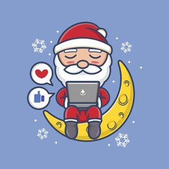 cute cartoon santa claus playing social media on laptop. vector illustration for mascot logo or sticker
