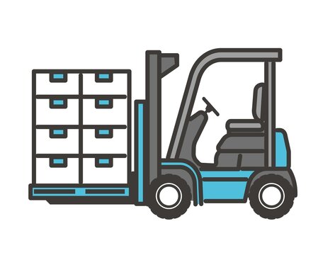 blue forklift carrying boxes