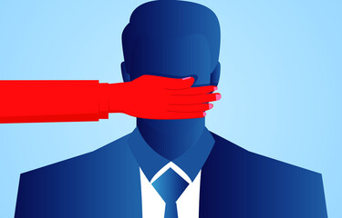Businessman's mouth is blocked by red hands