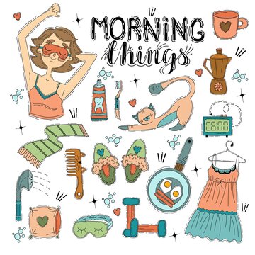 Set of images about morning routine with character, lettering and hand-drawn objects