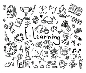 Hand drawn set of book doodle elements, e-book, lamp, education symbols. Cut isolated vector illustration for book store, reading club, learning, library banner concept design. Doodle sketch style.