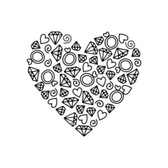 Vector linear composition with hearts, rings and crystals on a white background in cartoon style. Illustration for Valentine's Day, wedding