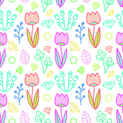 Linear vector pattern with flowers, leaves and berries. Botanical bright illustration with tulips