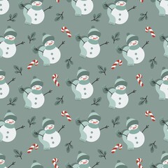 Winter holidays seamless vector pattern with cute snowman and candy cane. Christmas theme hand drawn background for kids room decor, card, print, fabric, wrapping paper, wallpaper, textile, packaging.