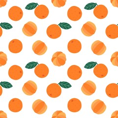 Abstract seamless vector pattern with hand drawn whole and peeled oranges. Fun tropical citrus texture. Fruity background for wrapping paper, card, gift, fabric, wallpaper, textile, print, fabric.