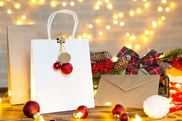 Christmas decor of food delivery service disposable kraft paper package. Ready-made order,...
