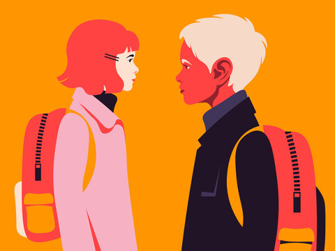 Portrait of children with backpacks in profile. Successful education. Boy and schoolgirl after lessons at school. Side view. Bright vector flat illustration