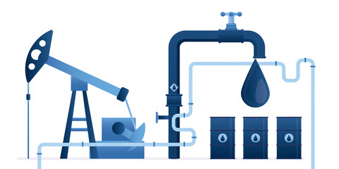 Process of extracting various petroleum products. Pump pumps out oil and gasoline. Drop falls from faucet into barrel